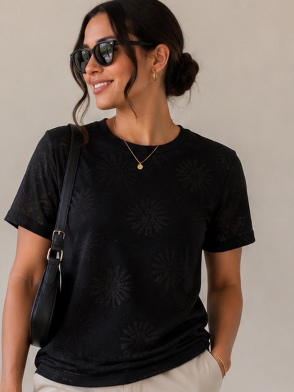 Gap Black Women's Short Sleeve seethrough sunflower detail Top